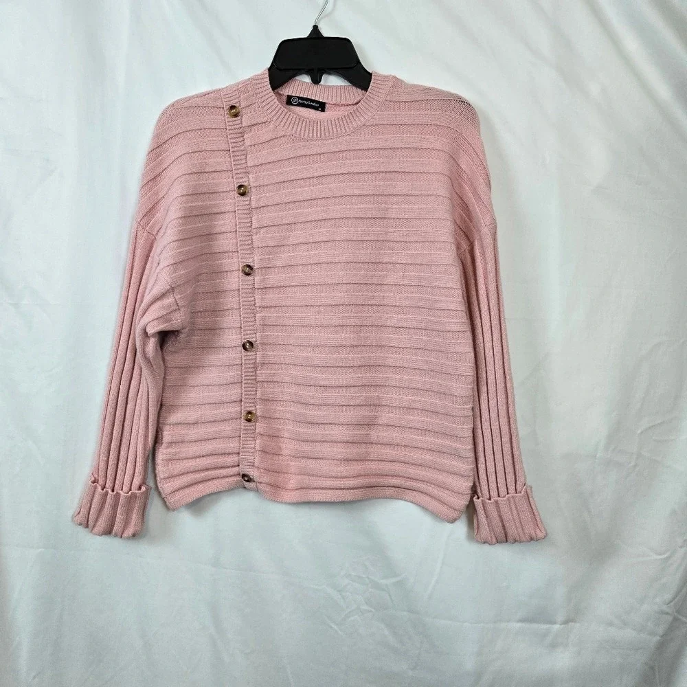 Pretty Garden Women's Pink Long Sleeve Crewneck Button Casual Knit Sweater M